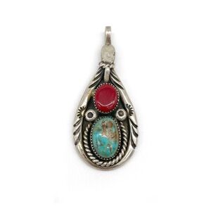 Vintage Navajo Sterling Silver Turquoise & Coral Pendant Signed BK – Handcrafted